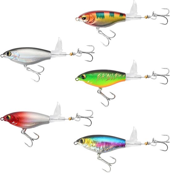 Vissersset met 5 Stuks – 7.5 cm Aas voor Baars, Snoek en Forel – Realistisch Ontwerp met Propeller, Drievoudige Haken en Opbergdoos – Zoet en Zout Water Visuitrusting van Merkloos