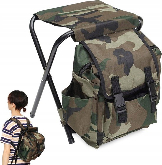 Vissersstoeltje met rugzak - 3 IN 1 stoel - Camouflage rugzakstoel - Super Gadgets voor vissers - 34 x 26 x 22 cm van Merkloos