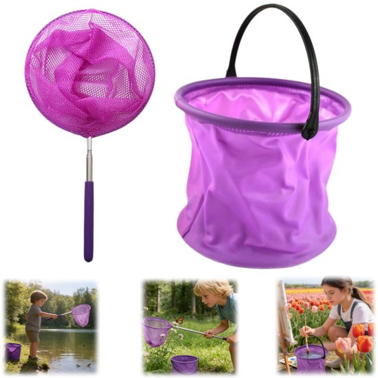 Visset - Buitenspeelgoed - Telescopisch net - Vlindernet - Kinder vangnet - Opvouwbare emmer - Visemmer - Verf schoonmaakemmer - Voor schilderen, kamperen, vissen, strandactiviteiten, schoonmaken, buitenactiviteiten - Paars