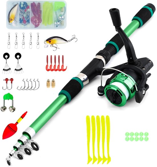 Visset voor kinderen - Telescopische hengel van koolstofvezel - Inclusief vismolen en aas - Hengel en visgerei voor kinderen - Accessoire aasdoos - Hengel voor buitenvissen - Geschikt voor het stimuleren van de interesse van kinderen - Groen