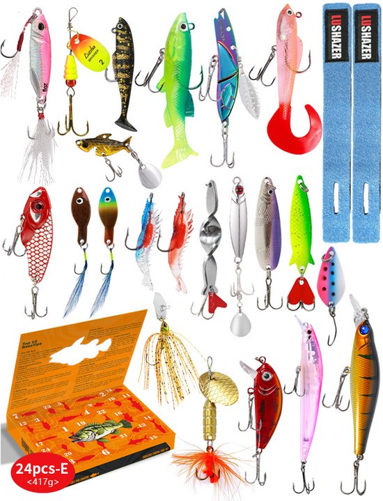 Vissport-verrassingsdoos – Accessoires voor softbaits – Aftelkalender-stijl – Bevat 24 visaccessoires – Realistisch kunstaas in visvorm – Luxe geschenkverpakking – Draagbaar – Geschikt voor het vissen op forel, baars, zalm