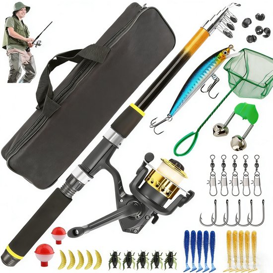 Visspullen - Visuitrustingsset - Hengelsport - Kindervishengel - 1.8m telescopisch - vishengel voor volwassenen - Inclusief hengel, molen, lijn, zacht aas, netzak en accessoires - Geschikt voor zowel beginnende als enthousiaste vissers van Merkloos