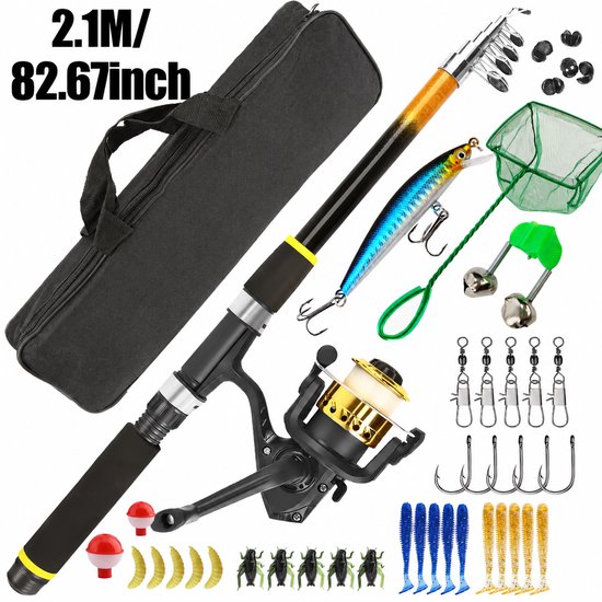 Visspullen - Visuitrustingsset - Hengelsport - Kindervishengel - 2.1m telescopisch - vishengel voor volwassenen - Inclusief hengel, molen, lijn, zacht aas, netzak en accessoires - Geschikt voor zowel beginnende als enthousiaste vissers van Merkloos