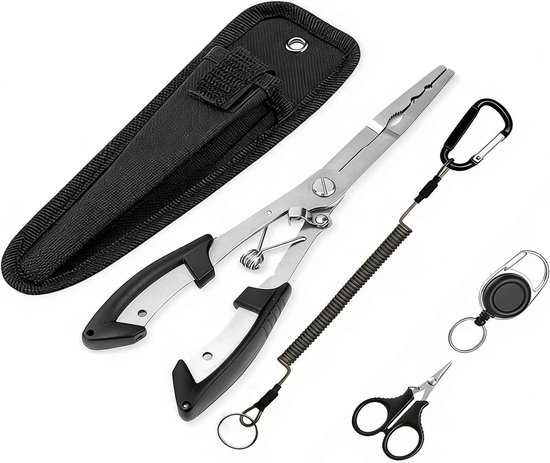 Vistang en Hengelschaarset van Roestvrij staal met Bevestigingsband - 5-delig, 21 cm, Zwart, Perfect voor Vissers en Outdoor Activiteiten