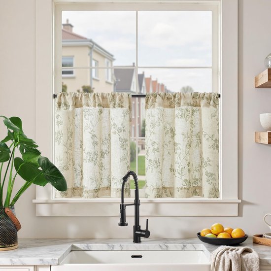 Vitrage 65 B x 60 H (cm) bloemen keukengordijnen kort bedrukt landhuisstijl bistrogordijn halftransparante gordijnen raamgordijnen voor lente keuken set van 2 groen op wit