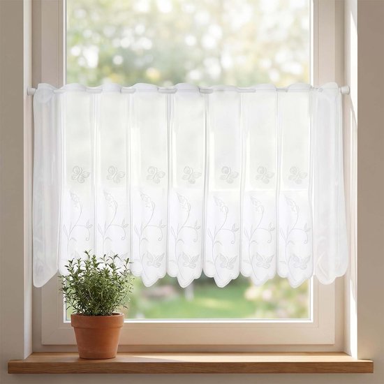 Vitrage, BBistrogordijn met vlinders en bloemen, wit halftransparant borduurwerk, vitrages modern, korte keukengordijnen voor woonkamer, caravan (130 x 45 cm, 90 x 45 cm)