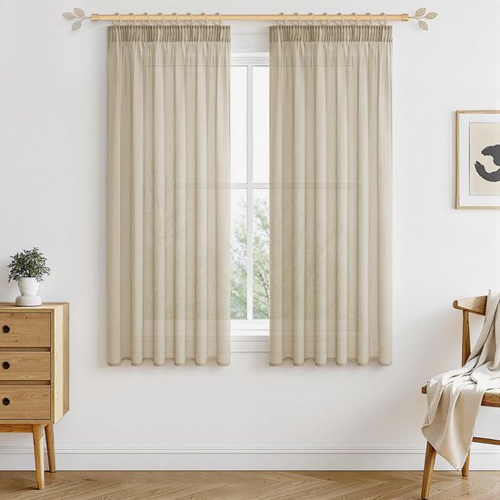 Vitrage, beige, kort, transparant, 180 x 140 cm (h x b), schlaufengordijnen, set van 2, voorhang in linnenlook, voor woonkamer, slaapkamer, meisjes, tieners