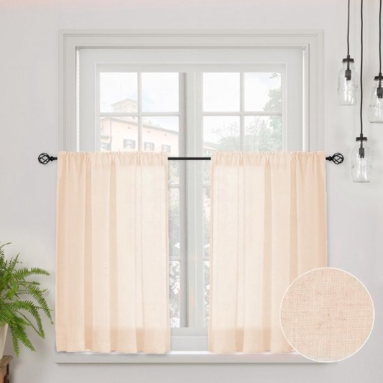 Vitrage, bistrogordijn, keukengordijnen, set van 2, H 45 x B 90, beige, half-transparant, gordijnen, raamgordijnen, gordijngordijn