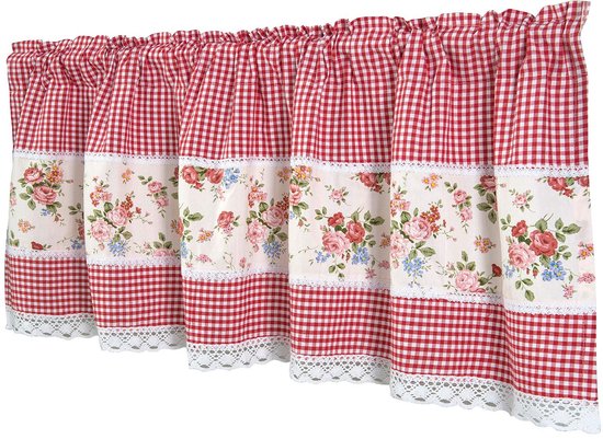 Vitrage, bistrogordijn, landhuis, modern, ondoorzichtig, stangdoorgang met bloemen, kant, 150 cm breed, geruit, klein raam
