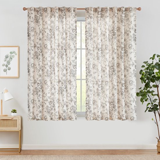 Vitrage, boerderij, decoratie, linnen gordijnen, gordijnen met plooiband voor keuken, woonkamer, slaapkamer, raam, kort, set van 2, 96 B x 210 H (cm), zwart op beige