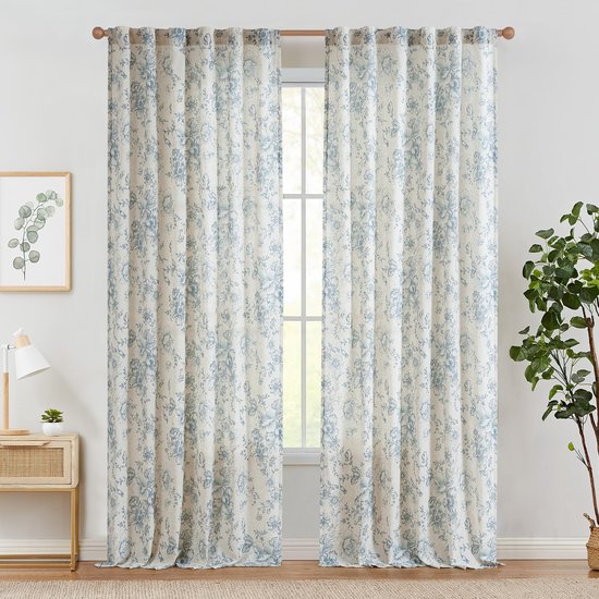 Vitrage, boerderij, decoratie, linnen gordijnen, gordijnen met plooiband voor keuken, woonkamer, slaapkamer, raam, kort, set van 2, 96 B x 240 H (cm), blauw op beige