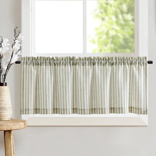 Vitrage, gestreept, linnen, gordijnen met strepen, keukengordijn, ondoorzichtig, kort, keukengordijnen voor keuken, eetkamer, badkamer, klein raam, 1 stuk, 125 x 40 cm (b x h), groen op beige