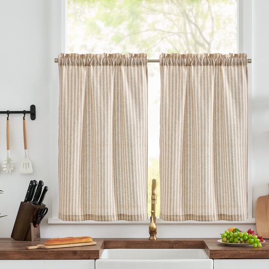 Vitrage Gordijnen, modern, keuken, linnenlook, bistrogordijn, set van 2, 65 x 90 cm (b x h), met stangdoorgang, semi-transparant, landhuisgordijnen, kort, gestreept, voor caravan, woonkamer