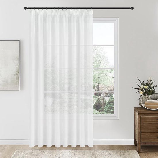 Vitrage in panelen, moderne vitragegordijnen voor ramen, gordijnen voor de slaapkamer met potloodplooien, 1 stuk, 300 x 240 cm, wit