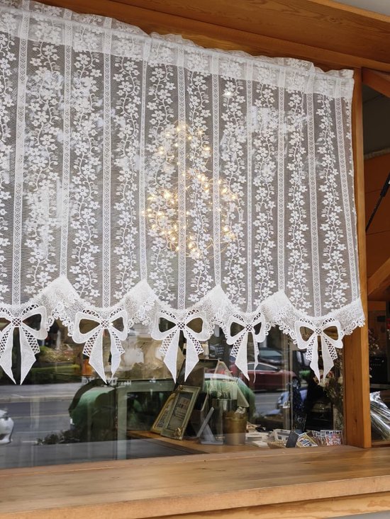 Vitrage, kant, jacquard, gordijn, bloemen, kort gordijn met strik, keukengordijn, landhuisstijl, cafégordijnen, woonkamer, H x B 85 x 155 cm, wit, 1 stuk