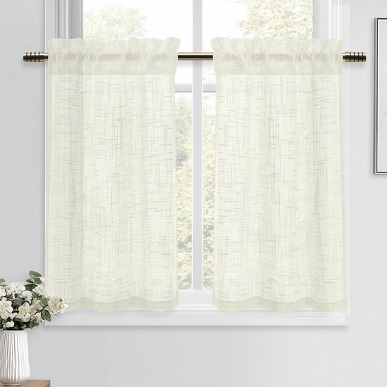 Vitrage, korte gordijnen, linnen, gordijnen, 2 stuks, 90 x 60 cm (h x b), semi-transparant, raamgordijnen, modern, voor keukengordijnen, landhuis, kastgordijn, bistrogordijn, caravan