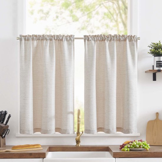 Vitrage, linnenlook, bistrogordijn, effen, korte keukengordijnen, jacquardweefsel, lichtfiltering, gordijnen voor woonkamer, landhuis, klein raam, 65 x 115 cm, beige, set van 2
