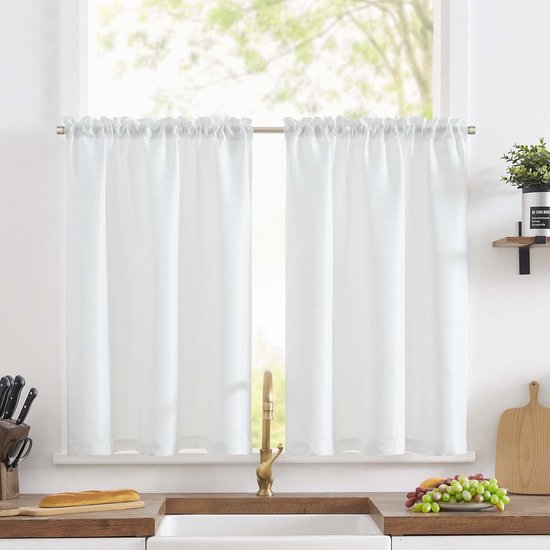 Vitrage, linnenlook, bistrogordijn, effen, korte keukengordijnen, weefsel, rooster, lichtfiltering, paar, sjaals voor woonkamer, landhuis, klein raam, 90 x 60 cm, wit, set van 2
