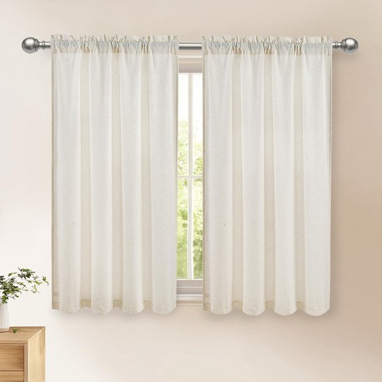 Vitrage, linnenlook, gordijnen, korte gordijnen, H 145 x B 140 cm, set van 2 voor keukengordijnen, caravans, kastgordijn, woonkamer, bistrogordijn, landhuis