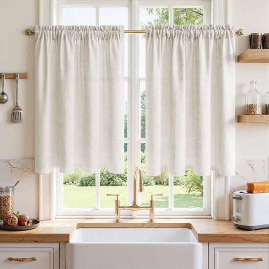 Vitrage, linnenlook, ivoorwit, gordijnen keuken 60 x 90 cm (h x b), set van 2, korte gordijnen, modern, landhuis, bistrogordijn, halftransparant, voor raam, stangdoorvoer, keukengordijnen