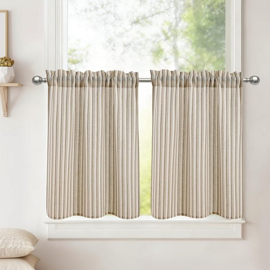 Vitrage, linnenlook, taupe, gestreept, keukengordijnen, korte gordijnen, h 45 x 60 cm, 2 stuks, semi-transparant, modern, voor bistrogordijnen, landhuis, kastgordijn, woonkamer, raamgordijnen