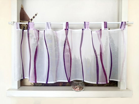 Vitrage met golfpatroon gordijn print korte vitrage met lussen keukengordijn kort modern voile bistrogordijn transparant HxB 45x60cm violet 1 stuk