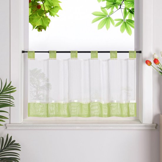 Vitrage met lussen Linnen Linnen Gordijn Half Transparant Bistrogordijn Landhuisstijl Korte gordijnen Groen HxB 60x120cm