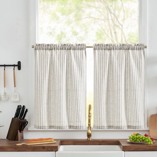 Vitrage, modern, gestreept, linnen, gordijnen met strepen, 2 stuks, H 60 x B 65 cm, keukengordijn, ondoorzichtig, kort, keukengordijnen voor keuken, lichtdoorlatend, klein gordijn, taupe op