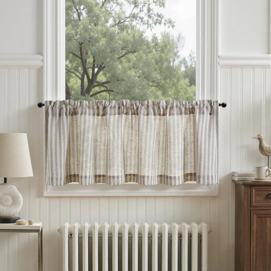 Vitrage, modern, gestreept, linnen, gordijnen met strepen, keukengordijn, ondoorzichtig, kort, keukengordijnen voor keuken, lichtdoorlatend, klein gordijn, taupe op beige