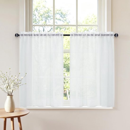 Vitrage, moderne bistrogordijnen, set van 2, breedte 60 x 90 cm, wit, half-transparant, ondoorzichtig, met stang, korte gordijnen voor woonkamer, alle seizoenen