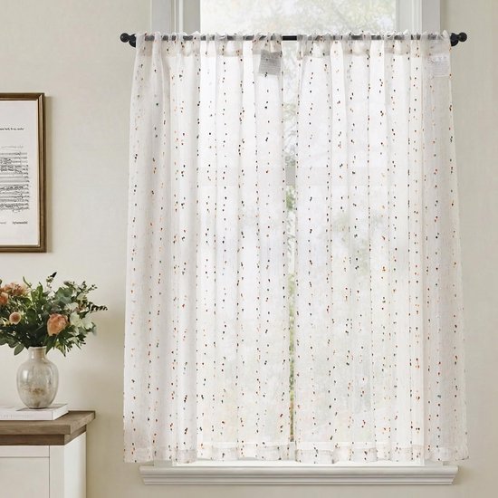 Vitrage, set van 2 bistrogordijnen met stippen, linnen, landelijke stijl, boho, kort gordijn, semi-transparant, H 115 x B 90 cm, linnenlook, gordijnen met trekkoord, keukengordijn, woonkamer