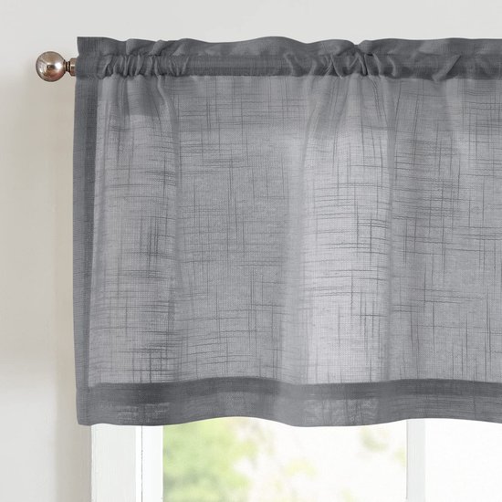 Vitrage, transparant bistrogordijn, effen, trekkoord, keukengordijn, gaas, kort gordijn voor klein raam, keuken, woonkamer, slaapkamer, grijs, 130 x 40 cm (b x h), 1 stuk