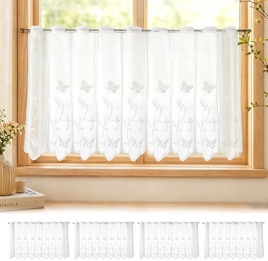 Vitrage, transparante vitrage, 130 x 45 cm, korte raamgordijnen, voile venstergordijnen, korte gordijnen, bloemen, halftransparant, geborduurde vitrage, voor keukenraam, kast, caravan