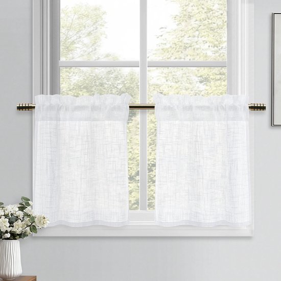 Vitrage Vitrage, linnenlook, half-transparant, kort, 2 stuks, 45 x 90 cm (h x b), modern, raamgordijnen voor keuken, caravan, kastgordijn, woonkamer, bistrogordijn, landhuis