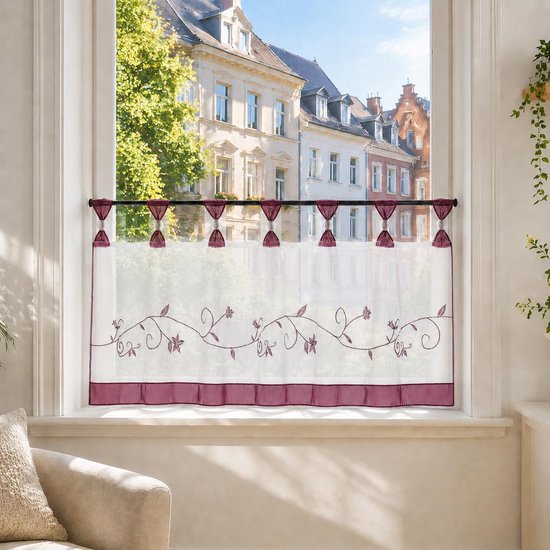 Vitrage, voile bistrogordijn met bloemenborduurpatroon, transparant gordijn H x B 45 x 90 cm, paars, 1 stuk verpakking