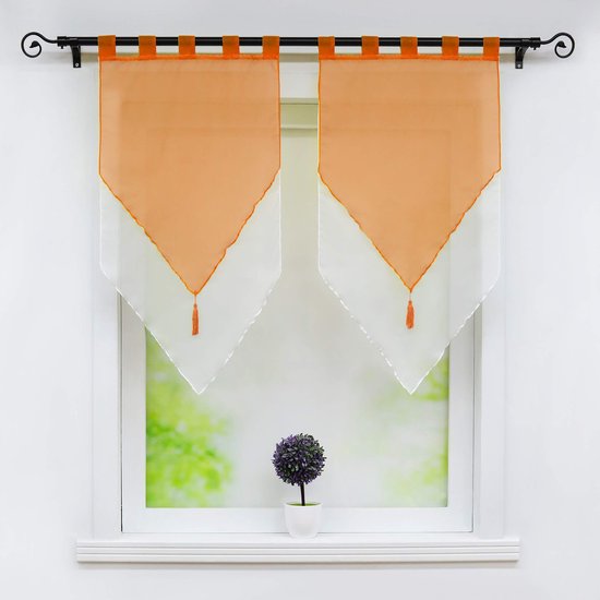 Vitrage, voile bistrogordijnen met kwastjes, tweekleurig, »Lydia« dubbellaags kort gordijn met lussen, b x h 60 x 120 cm, oranje/wit, 2 stuks