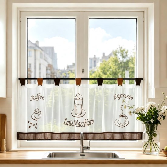 Vitrage, voile gordijn met lussen, zonder boren, transparant, decoratie voor keuken, eetkamer, wit, bruin, h x b 45 x 120 cm, 1 stuk