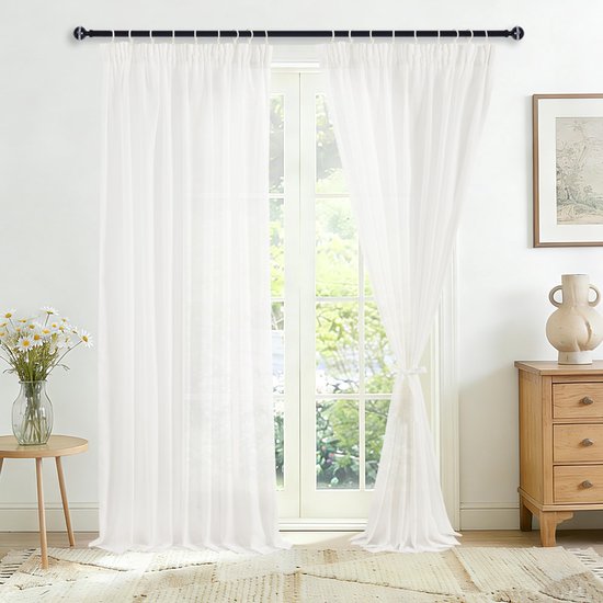 Vitrage, wit, met plooiband voor railsysteem, 280 x 140 cm (h x b), half-transparant, lang, wit, woonkamer, set van 2