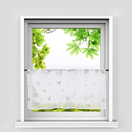 Vitrage zilver voile moderne korte vitrage met trekkoord klein venster gordijn keuken vlinder decoratief patroon wit h x b 60 x 140 cm