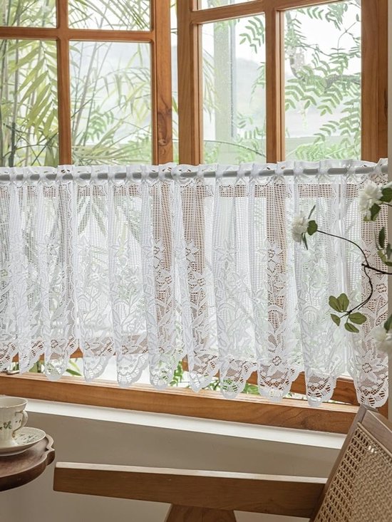 Vitragegordijnen Jacquard Gordijnen Kant Kort Landelijke Stijl Bistrogordijn Bloemenpatroon Kleine Keukengordijn Koffie Gordijnen Korte Store met Oogjesband HxB 120x100cm Wit 1 Stuk