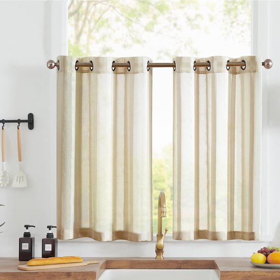 Vitragegordijnen met oogjes, transparante bistro-gadine, landhuis, moderne voile keukengordijn, gestreept, keukengordijnen, paar voor badkamer, kleine raamdecoratie, 90 x 60 cm (b
