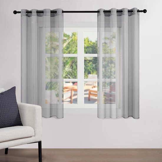 Vitrages grijs linneneffect - Met ogen gordijn decoratie slaapkamer, halftransparant voor woonkamer, gordijn keuken 140 x 145 cm (breedte x hoogte)