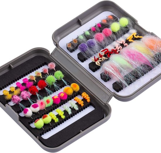 Vliegvis Set - Vliegen Assortiment - Forel Baars Vissen - Inclusief Vliegenbox - 57 Stuks - Gekleurde Vliegen
