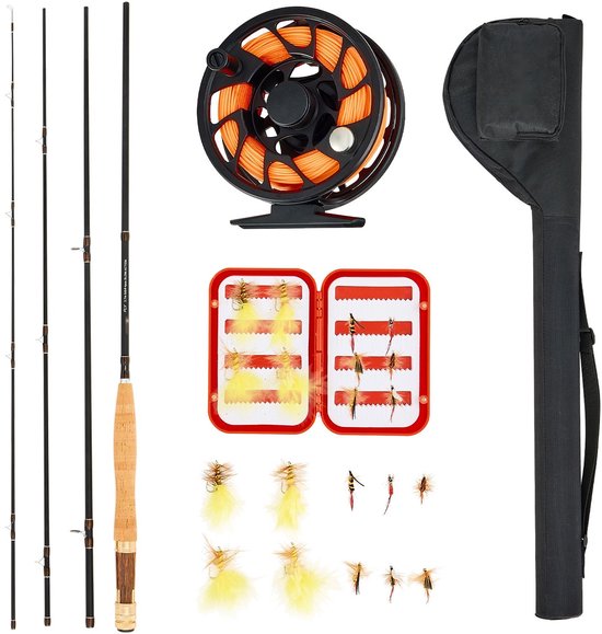 Vliegvisset - Vliegvishengel en Molen Set - IM7 Carbon - Complete Starterset - Inclusief Hengeltas en Tacklebox - Vliegvishaken 6 Korte + 4 Lange - Reisset