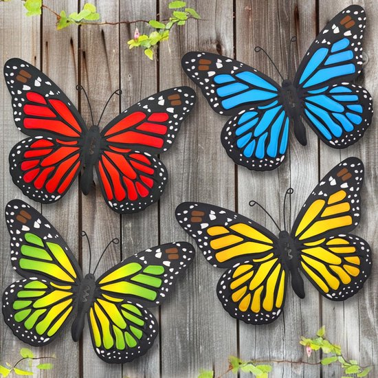 vlinder muurkunst buitendecoratie - 4 stuks 24,9 cm vlinders muursculptuur hangend decor voor thuis, tuin, terras, tuindecoratie (4 kleuren)