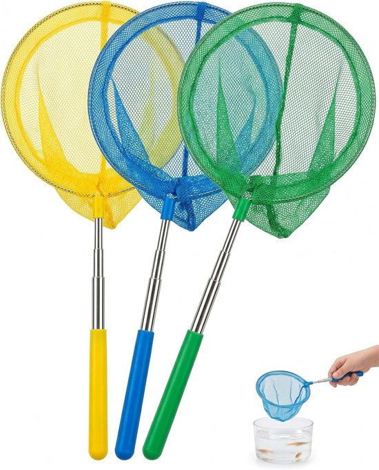 Vlindernet voor kinderen, visnet, 3-delig, geel, blauw, groen, zacht net, anti-rotatie, pijnloos, vangt vlinders en mini-vissen voor natuurervaringen buitenshuis