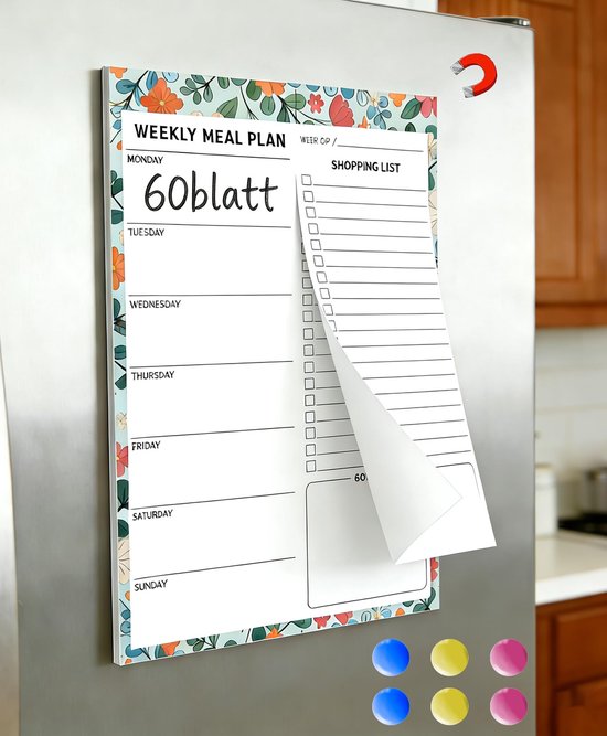 voedselplanner met 6 magneten: afneembare boodschappenlijst, magnetische koelkast en eetplanner, weekplanner, menuplanner voor familie, vrienden, dieet, B5-blok