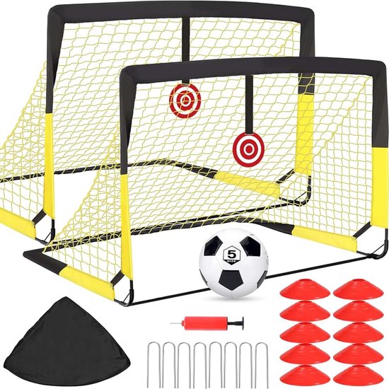 Voetbaldoel voor de tuin, 120 x 90 cm, voetbaldoel met stangen van glasvezel en hoogwaardige netten, bullseye en tas voor tuin en spel voor binnen