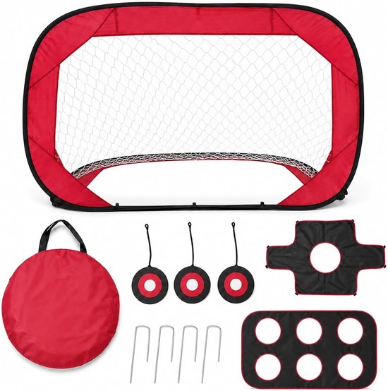 Voetbaldoel voor kinderen, opvouwbaar 4-in-1 trainingsnet, 122 x 7 x 80 cm, schiet- en rebounddoel voor tuin, park, school en gezin (rood)