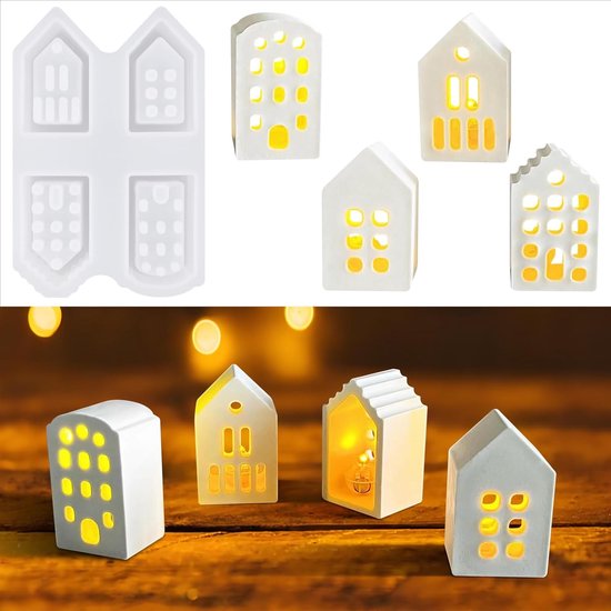 vorm huis, 4 stuks siliconen vormen gietvormen mini huizen, gietvorm huis, Raysin Kerstmis, gipsvormen om kaarsenhouders te gieten, Geschikt voor het gieten van Raysin-gietpoeder (stijl 2)